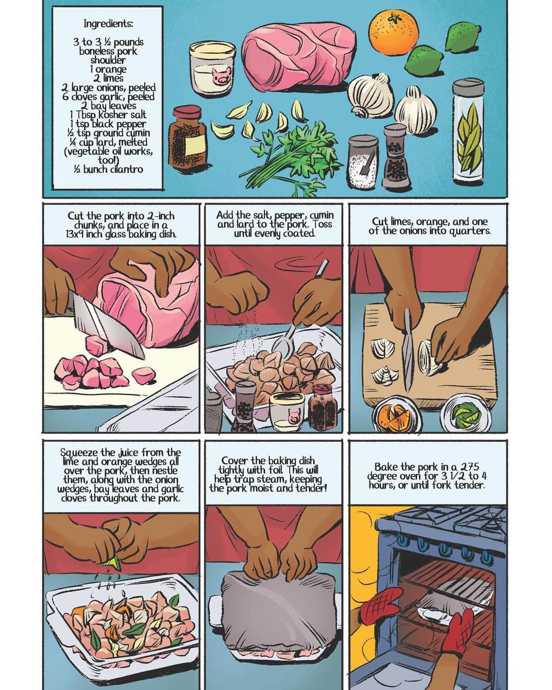 Grace Bonneyのインスタグラム：「Hey hey - @jamarmel here! Like I mentioned, I’m working on a comic style cookbook called The Comic Kitchen. Later today, I’ll be walking you through how I make carnitas, and I’m very happy to share the illustrated recipe with you here so you can makes these at home.  ______________________  I used to do this more traditionally when I was growing up - big pot of lard or other cooking fat, chunks of pork I’d marinated all day in citrus juice and spices. It always felt so wasteful using so much oil for a single meal like that, so I started fiddling around with doing them in the oven. I love this method because you can just throw the pork in a big dish with all your flavorings and a little fat to get things going, then let it do its thing for a few hours. This recipe was written by me, illustrated by the amazing @artofwendyxu and colored by @hankjonescomics (Hank’s also coloring Chef’s Kiss with me and Danica Brine(@kari_drawz)!) I’ll be cooking up some carnitas via Stories in a couple of hours if you’d like to follow along!  #comics #food #carnitas #foodillustration #cooking #mexicanfood #tacos #comicart」