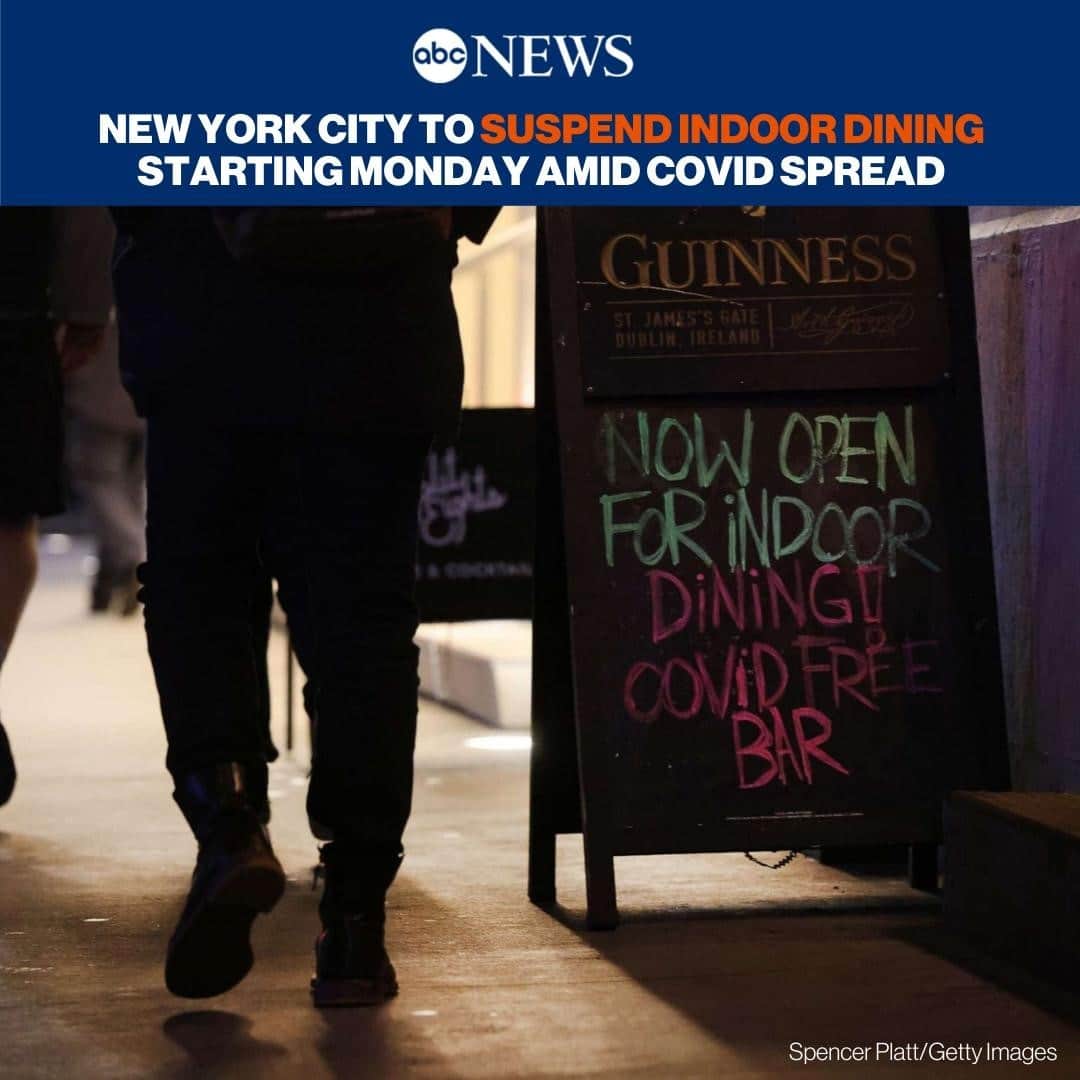 ABC Newsさんのインスタグラム写真 - (ABC NewsInstagram)「JUST IN: Indoor dining will end in New York City on Monday to help stem the spread of COVID-19, Gov. Andrew Cuomo says.⁠ ⁠ Outdoor dining and takeout will continue, though indoor dining capacity could be reduced elsewhere in New York depending on the numbers, Cuomo says. ⁠ ⁠ Read more at LINK IN BIO. #newyork #newyorkcity #indoordining #andrewcuomo #billdeblasio #covid19 #coronavirus」12月12日 2時54分 - abcnews