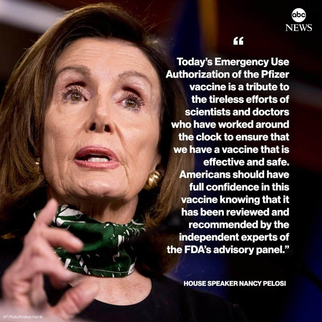 ABC Newsさんのインスタグラム写真 - (ABC NewsInstagram)「House Speaker Nancy Pelosi: “Today’s Emergency Use Authorization of the Pfizer vaccine is a tribute to the tireless efforts of scientists and doctors who have worked around the clock to ensure that we have a vaccine that is effective and safe.” #coronavirus #covid19 #vaccine」12月12日 14時25分 - abcnews