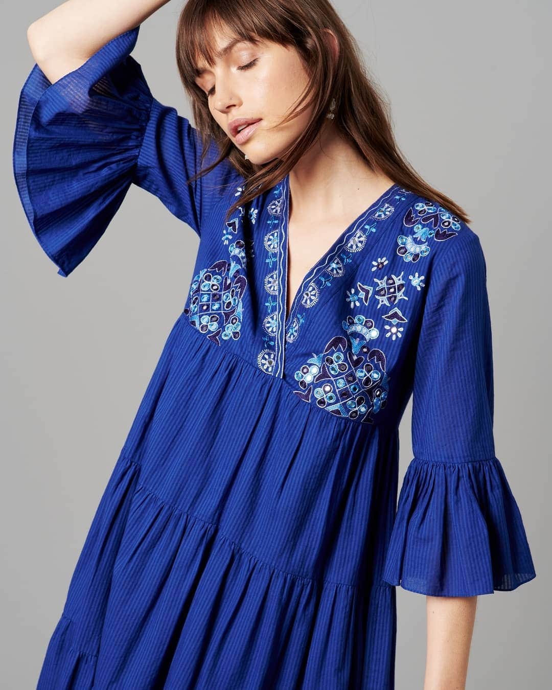 ミーガンパークのインスタグラム：「Celebrate in style // dress to impress this festive season. Gabby wears the Anya Tiered Dress in Lapis (also available in Ink). Our Gertrude Boutique is open 10 - 5.30 pm today x」