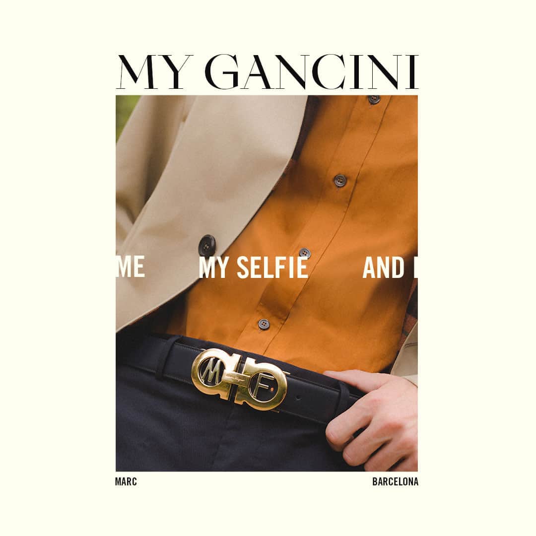 サルヴァトーレ・フェラガモのインスタグラム：「The iconic Gancini buckle encounters contemporary and innovative personalizations to encompass an increasingly diverse and free nature of modern personalities. Put your finishing touches to the belts with distinct symbols and initials that correspond with your personality, like the personal initials chosen by @MarcForne as an expression of his identity. #MeMySelfieAndI #MyGancini⠀ Explore the service in over 24 stores worldwide and find the store nearest you through the link in bio.」