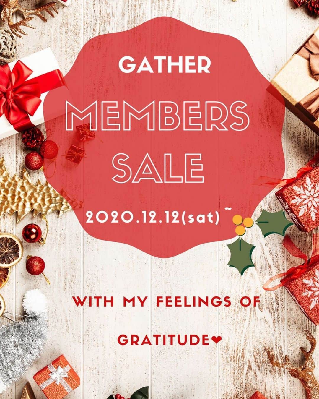 GATHER yamatoのインスタグラム：「本日12/12日(金) 〓 GATHER MEMBER様〓 限定の先行セール START致します❣️  秋冬物の商品が ➖50%〜20%OFF‼️➖ (※一部除外品もございます。)  そして! ！ SALE商品を税込2万円以上 お買い上げの方に✨ オリジナルトートバックをプレゼント🎁💕 (※会員様限定！お一人様一個限り！)  この機会に！！ 皆さまのご来店お待ちしております✨  #gather #GATHER大和#ギャザー #大和#code#セレクトショップ #fashion #GATHER会員様限定#sale」