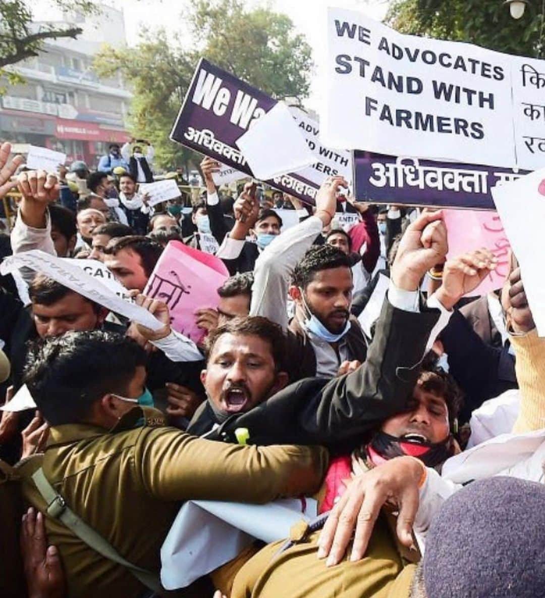 トームさんのインスタグラム写真 - (トームInstagram)「India Just Had the Biggest Protest in World History Will it make a difference?  By NITISH PAHWA DEC 09, 2020 @slate Protesters are pushed back by police. Protesters scuffle with police during a rally in support of the nationwide general strike called by farmers against the recent agricultural reforms in Allahabad, India, on Tuesday. . In late November, what may have been the single largest protest in human history took place in India, as tens of thousands of farmers marched to the capital to protest proposed new legislation and upward of 250 million people around the subcontinent participated in a 24-hour general strike in solidarity. This massive people’s movement has gained attention worldwide and, moreover, forced the government to come meet the protesters where they are instead of just cracking down and brutalizing them, a first in the six years of Prime Minister Narendra Modi’s rule.  To comprehend this moment, you have to understand the long plight of India’s farmers. To a much greater degree than other major economies, India retains its mass agrarian traditions alongside its developed industrial and tech sectors—agriculture is still the largest source of livelihood for most Indians, employing more than half the subcontinent’s workforce, mostly in small and local farms instead of agribusiness behemoths. Yet the farmers themselves, despite feeding so much of the nation and providing a significant bedrock for India’s economy, have always had a brutal time of it. Colonial-induced famines (temporarily solved by the reforms of the 1960s “Green Revolution,” which later would cause its own issues), bureaucratic and oppressive government policy, exploitation by feudal-minded landholders, and, of course, climate change have continually left India’s land workers among the worst off the world over. Even before the acceleration in mass despair augured by the pandemic and ensuing locust invasion, farmers had been left completely strapped by crippling debts, losses on marketed goods, and devastation from extreme weather; long-troubling suicide rates reached staggering new heights.」12月12日 7時41分 - tomenyc