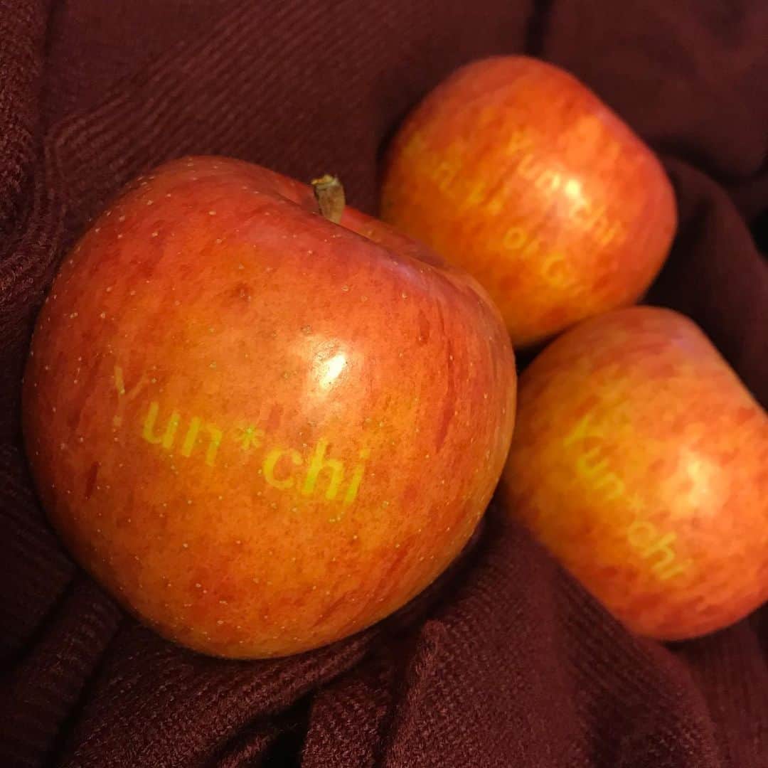 Yun chiのインスタグラム：「🍎 Yun*chi 🍎  ファンの方が作ってくれました🌳 時間をかけて用意してくれたのかと思うと優しい気持ちをプレゼントしてもらって、胸がほっこりしました。感謝です。  リンゴの木下で、赤くなるのを待ってくれてたのかな〜なんて、🎈😌  #長野のりんご」