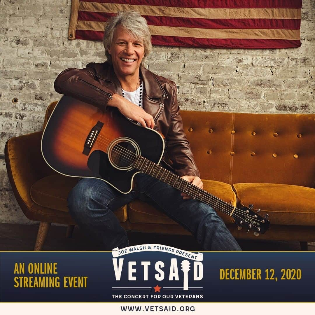 Bon Joviのインスタグラム：「Tomorrow night @jonbonjovi joins Joe Walsh and friends across the country to raise funds for veterans and their families in a multi-hour rock festival streaming direct from Joe's house to yours. $20 livestream passes available now at vetsaid.veeps.com. All proceeds go directly to veterans services.」