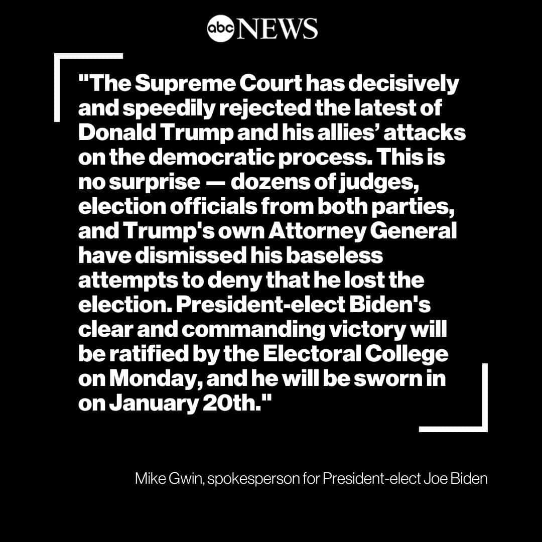 ABC Newsさんのインスタグラム写真 - (ABC NewsInstagram)「Spokesperson for President-elect Joe Biden: “The Supreme Court has decisively and speedily rejected the latest of Donald Trump and his allies’ attacks on the democratic process. This is no surprise.” #joebiden #scotus」12月12日 9時27分 - abcnews