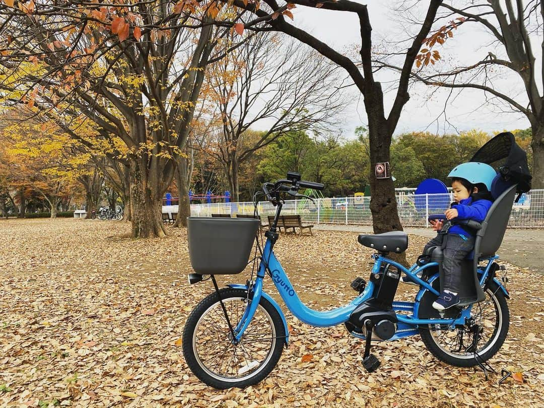 石榑亜紀子のインスタグラム：「電動自転車ゲットしました🚲 息子と砧公園デビュー🍁🍂  ヘルメット、むっちゃ嫌がる😂  #砧公園 #みんなのひろば すごい充実してた✨ #公園 #公園フォト #自転車 #自転車デビュー #電動自転車 #ギュット にしました 意外と青可愛い💙 #育児 #育児日記 #1歳 #1歳7ヶ月 #男の子 #乗り物好き #電車好き #男の子  #走る気象予報士 #アスリートフードマイスター2級  #ランスタグラム #新米ママ」