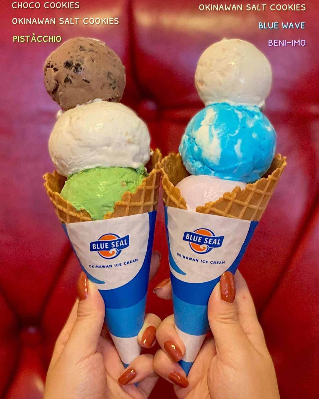 のインスタグラム：「🌺ブルーシール🌺 沖縄グルメ！大好きなブルーシールアイスも ３回食べれたしコンビニのも美味しかった🤤 たまたま行った日がナッツ系のスモールが 一つ無料で乗せれたから3段💓 . 塩ちんすこう味が断トツで美味しい👏👏 ソフトクリームはまた別でpostします🍦 牧港本店は外観も素敵でした🌺🤩 . pic① ☑️塩ちんすこう ☑️ブルーウェーブ(パインソーダ) ☑️紅イモ ☑️チョコ&クッキー ☑️ピスタチオ pic② ☑️トロピカルマーブル ☑️バニラ&クッキー . pic③ ☑️ダブルフレーバー(ウベ、ピスタチオ) . . . スタバクイーン👸🏼メインアカウント ➡︎ @ayumin0220stb . #ブルーシール#ブルーシールアイス#ブルーシール牧港本店#blueseal#bluesealicecream #沖縄旅行#沖縄#那覇グルメ#沖縄グルメ#沖縄ランチ#那覇ランチ #インスタグルメアワード2020#あいなご#ナゴレコ#グルメライター#タビジョ」