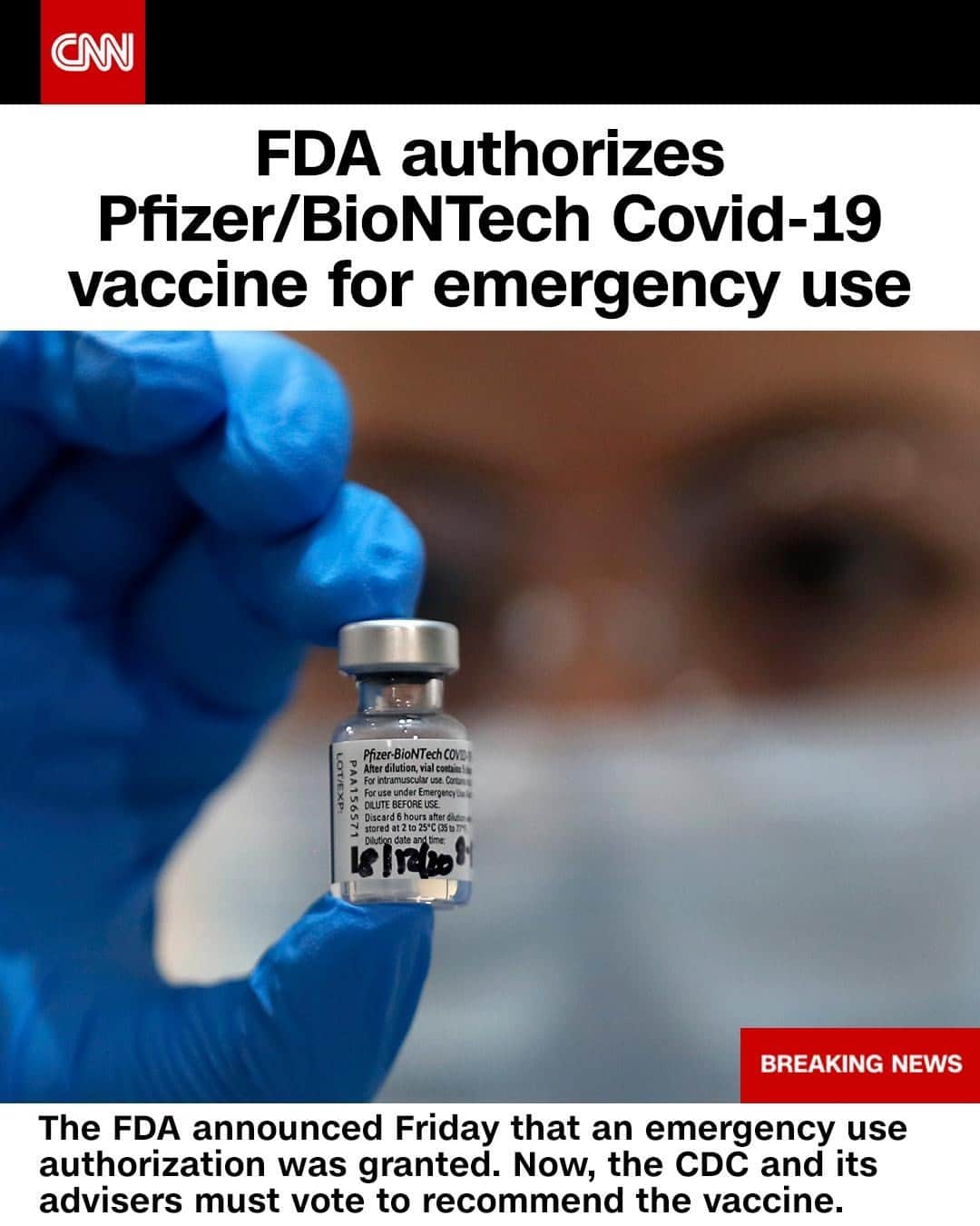 CNNさんのインスタグラム写真 - (CNNInstagram)「The US Food and Drug Administration has authorized the first Covid-19 vaccine for emergency use in the United States. Millions of doses of the Pfizer and BioNTech coronavirus vaccine, which was found to be 95% effective, will be soon shipped around the country. "The FDA's authorization for emergency use of the first COVID-19 vaccine is a significant milestone in battling this devastating pandemic that has affected so many families in the United States and around the world," FDA Commissioner Dr. Stephen Hahn said. Before vaccinations can begin, a US Centers for Disease Control and Prevention immunization advisory committee still must vote to recommend the vaccine, and the CDC must accept that recommendation. About 20 million people could be vaccinated in the next few weeks — an important step toward ending the pandemic that has killed nearly 300,000 people in the United States. Tap the link in our bio to learn more about this breaking story.⁠ ⁠ (📸: Pool/Getty Images Europe/Getty Images)」12月12日 12時02分 - cnn