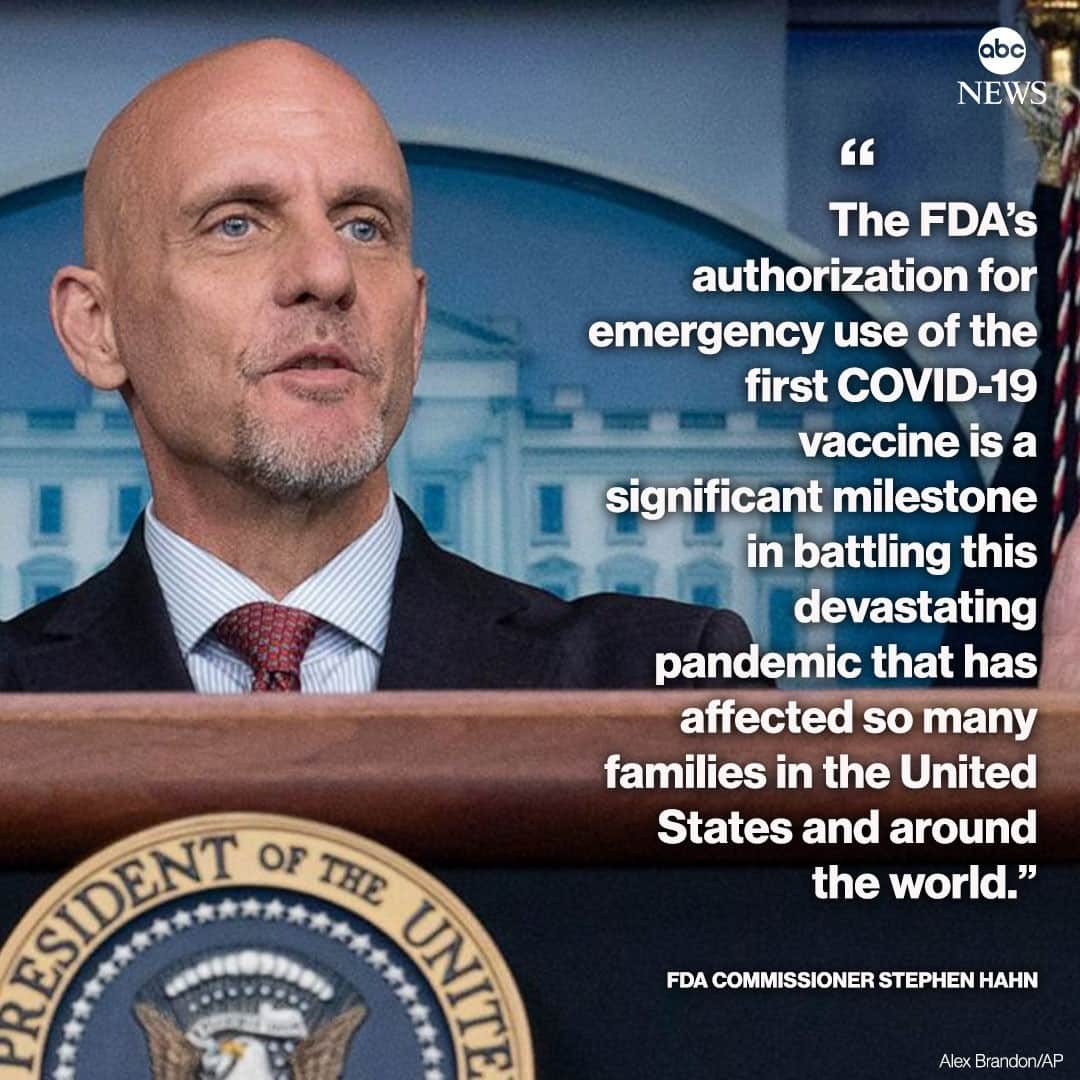 ABC Newsさんのインスタグラム写真 - (ABC NewsInstagram)「NEW: FDA chief calls tonight's COVID-19 vaccine authorization a "significant milestone in battling this devastating pandemic that has affected so many families in the United States and around the world." #fda #covid19 #covidvaccine #coronavirusvaccine #vaccine #science #health⁠ ⁠ Read the details at LINK IN BIO.」12月12日 11時58分 - abcnews