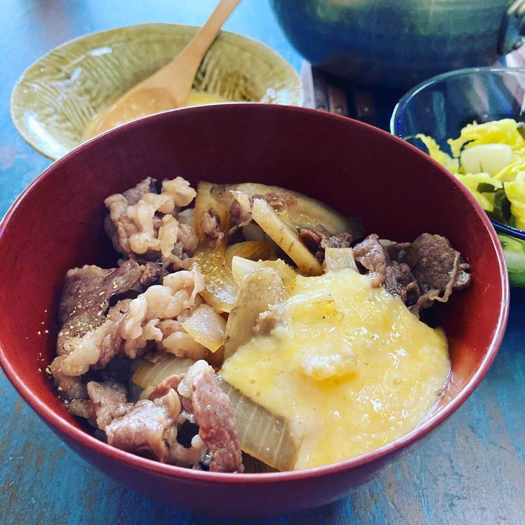 井上荒野のインスタグラム：「牛丼とろろ添え。」