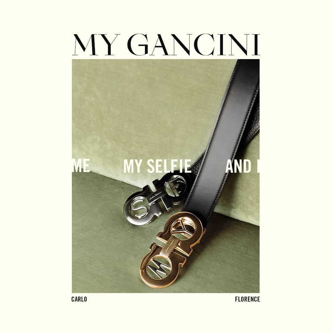 サルヴァトーレ・フェラガモのインスタグラム：「Timeless, yet of its time. The iconic Gancini buckle is now customizable with the distinct symbols and characters to express the wearer’s identity, through a special MyGancini personalization service. Discover more through the link in bio. #MeMySelfieAndI #MyGancini」
