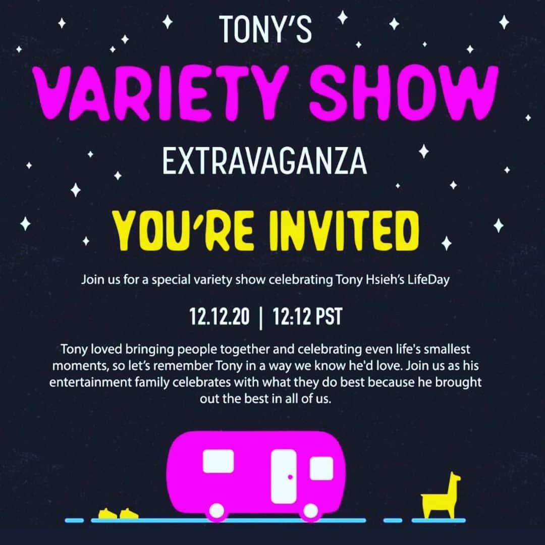 Tony Hsiehさんのインスタグラム写真 - (Tony HsiehInstagram)「Let’s come together [virtually] to celebrate the life of Tony Hsieh.  Saturday, 12.12.20  12:12PM PST  Tony loved bringing people together and celebrating even life’s smallest moments, so let’s remember him in a way we know he’d love….surprise guests, silly moments, and lots of laughter!  Llama-llama-ding dong!  https://www.thetonyhsiehshow.com/  Posted by Michelle」12月12日 15時50分 - downtowntony