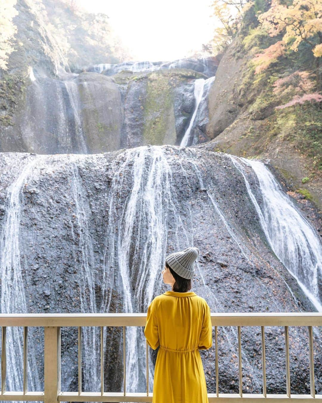 詩歩さんのインスタグラム写真 - (詩歩Instagram)「🍁﻿ ﻿ 日本三大名瀑 #袋田の滝　を遠くからパシャリ！﻿ ﻿ 小さく私が写ってるのですが、見つけられますか？🔍﻿ ﻿ 先日postした写真は袋田の滝の展望台からですが、展望台以外でもこんな角度から滝が見れるんです📷﻿ ﻿ これは帰り道にある「四度の茶屋 三六亭」で、そのテラス席からだとコーヒーを飲みながらこの角度で滝がみれるんです！吊橋と滝を一緒に写すと、滝のサイズ感がより伝わるかな〜？﻿ ﻿ 🚌﻿ ﻿ 茨城県さんのお仕事で「 #Zekkeiいばらき ツアー」を監修＆同行してきました！今年で５年目になるお仕事💪﻿ ﻿ ﻿ ツアーの様子は私のYoutubeチャンネル「詩歩の絶景Vlog」で公開しています😊﻿ ﻿ 🍁﻿ ﻿ Japan's three most famous waterfalls, #Fukurodawaterfalls , in the distance!Can you spot me in the small photo? 🔍﻿ ﻿ The photo I posted the other day was taken from the observation deck of Fukuroda Falls, but you can also see the falls from this angle 📷. You can see the waterfall from this angle while drinking a cup of coffee from the terrace of the “Miroku-tei" tea house on the way back! I wonder if you can get a better sense of the size of the waterfall if you take a picture of the suspension bridge and the waterfall together?﻿ ﻿ ﻿ 📷 Nov 2020 ﻿ 📍袋田の滝／茨城県 ﻿ 📍Fukurofa waterfalls／Ibaraki Japan﻿ #shiho_ibaraki ﻿ ﻿ ﻿ ﻿ ﻿ ©Shiho/詩歩」12月12日 16時13分 - shiho_zekkei