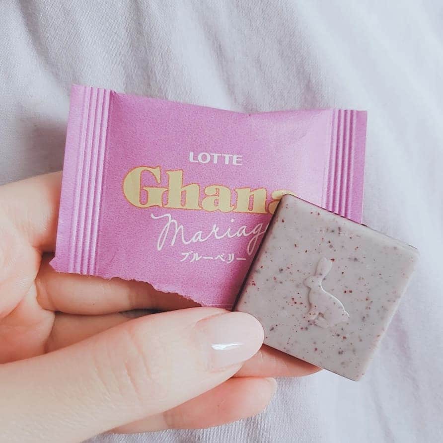 のインスタグラム：「ㅤ .*･ﾟ LOTTE .ﾟ･*. ㅤ Ghana mariage ブルーベリー ㅤ このシリーズのチョコが好きで一時期は本当毎日ポッケに入ってた(*´`) ㅤ 個包装が可愛くてちょっとしたお礼にパって渡すと、特に女性には結構喜ばれていた印象…⑅ ㅤ 暑い時期は溶けやすいので人にあげるのはちょっと注意⚠ ㅤ ㅤ ㅤ #LOTTE #Ghana #Ghanachocolate #ガーナチョコレート #ガーナチョコレート🍫  #ghanamariage  #ghanamariageブルーベリー  #チョコレート #chocolate ㅤ」