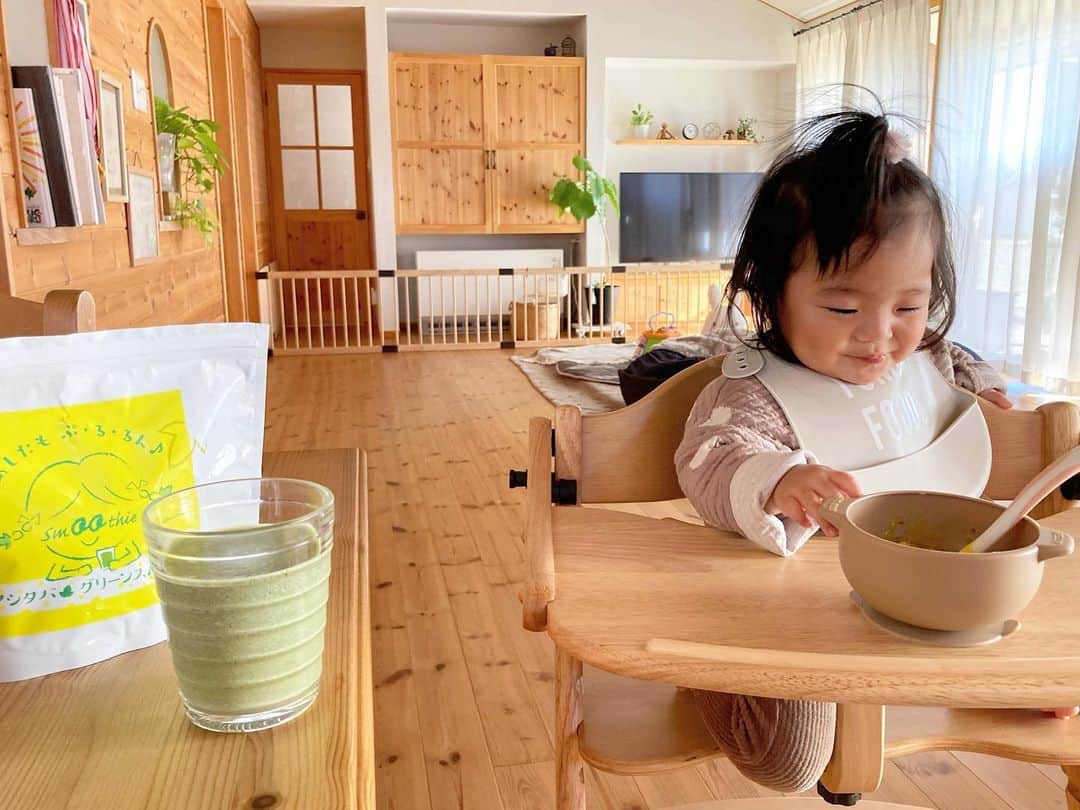 aco.さんのインスタグラム写真 - (aco.Instagram)「2020.12.12  最近の昼ご飯風景🍚  娘のご飯をあげるのにバタバタで 自分は食べ損ない 適当におやつをつまむ毎日😂🍪  娘が寝ている間に食べておけばいいのだけど したい事いっぱいあって 後回しになってしまうんですよね  不健康極まりないのが 心に引っかかりつつ😗 （でも晩御飯ガッツリ食べてます笑）  そんな時にちょうど @ashitabapururun さんの #アシタバグリーンスムージー を お試しさせて頂きました  #アシタバ が体に良いとか聞いたことはありますが 苦いのは苦手だから 青汁系はムリと思っていたけど これはめちゃくちゃフルーティーでバナナっぽい🍌  勝手なイメージで 青汁系はザラザラしていると思っていたのですが 食感もプルプルしていて本当に飲みやすい  何より驚いたのが 私は牛乳が本当に苦手なのですが 牛乳で作ってみたらすごく美味しくて 毎日牛乳で飲んでいます🤩  シェーカーに 水や牛乳（豆乳やヨーグルトでも）を入れ 粉を入れたら、20秒シェイクするだけ  娘の離乳食の用意をしながらでも作れるし ご飯を食べさせてあげながらでも飲めます♪  このスムージーは1食10g中に 植物性乳酸菌が1000億個 ヨモギ、高麗人参など 植物原料100種類以上の植物発酵エキス入り  腹持ちも良いので おやつの食べ過ぎ防止にもなっています笑  健康に良くて美味しいなんて✨ このまま続けてみようと思います  初回限定で割引と特典があるそうなので 気になる方はチェックしてみて下さいね↓ @ashitabapururun  . . . #pr #アシタバグリーンスムージー  #スムージー #pururun_pr  . . . 最後2枚の写真 娘も離乳食を よく食べるようになってきました🍚 顔、顔😂 .」12月12日 21時39分 - aco.chaaaaan