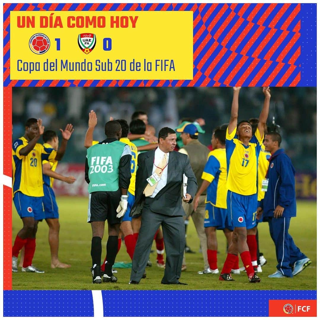 サッカー コロンビア代表チームのインスタグラム：「#UnDíaComoHoy nuestra Selección Colombia Sub 20 se clasificaba a las semifinales de la Copa Mundial de la FIFA Sub 20 2003 👏  🇨🇴 1️⃣ - 0️⃣ 🇦🇪 🏟️Al-Rashid 📅12 de diciembre de 2003 ⚽ Víctor Montaño  #VamosColombia 🇨🇴」