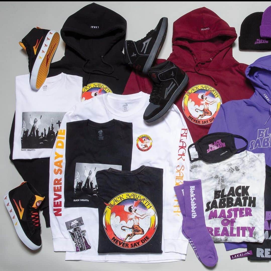 のインスタグラム：「The Black Sabbath collection is available now at Lakai.com 🦇  @blacksabbath   Featuring the new Riley 3, the Telford re-issue, the Owen, the Newport Hi, and a full apparel/accessory line.  👉 Link in bio  #LakaiXBlackSabbath #BlackSabbath」