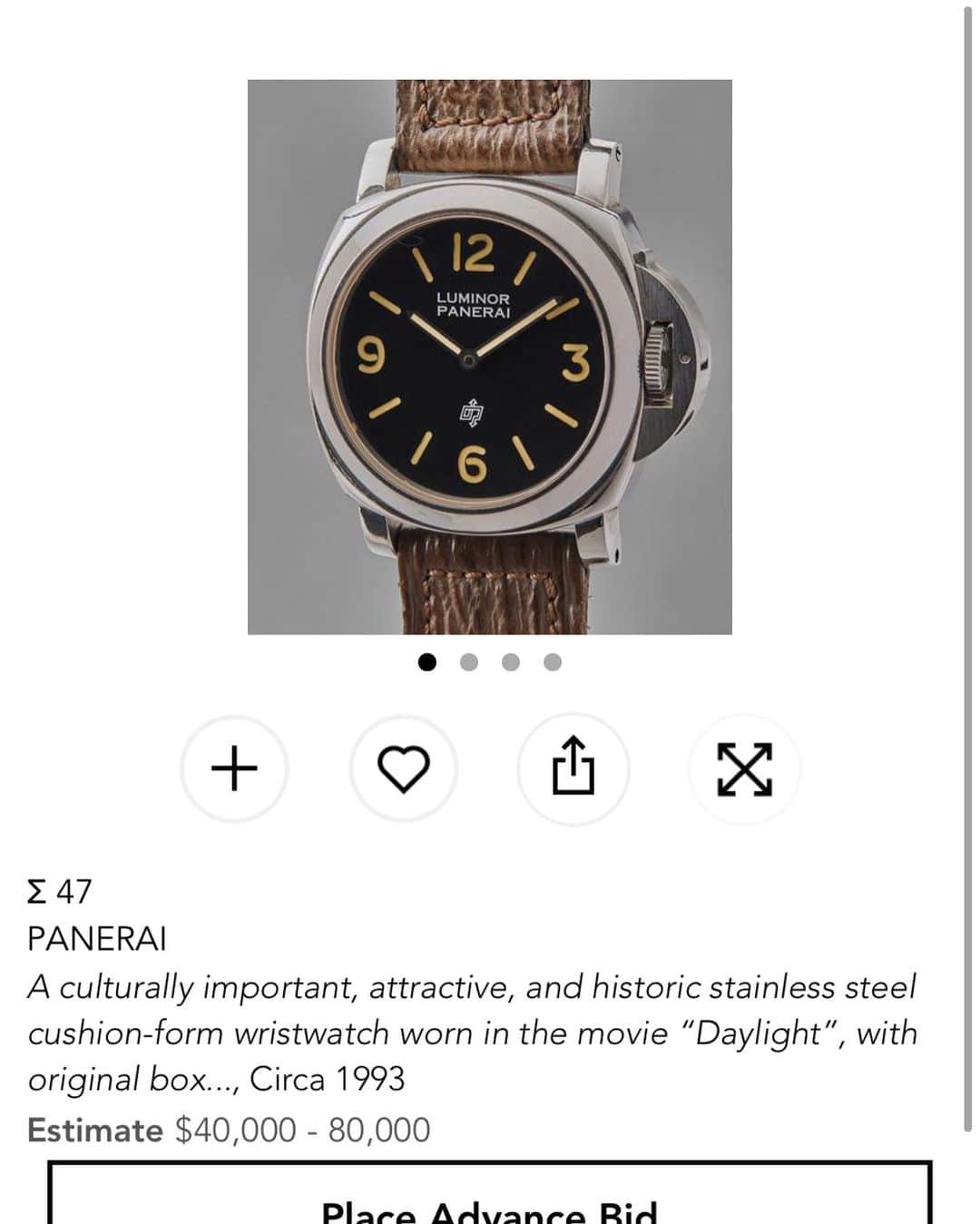 パネライのインスタグラム：「Let’s have some fun.  What do you think the iconic Sylvester Stallone 5218-201/A will go for in @phillipswatches auction today? Closest guess without going over might just get a little something :)  The auction is live now if you want to watch along.  Get your guesses in before it hits the auction floor!  This watch is the one that started the wheels in motion for the brand to become a more mainstream watch after it was all over the movie Daylight.   #paneraicentral」