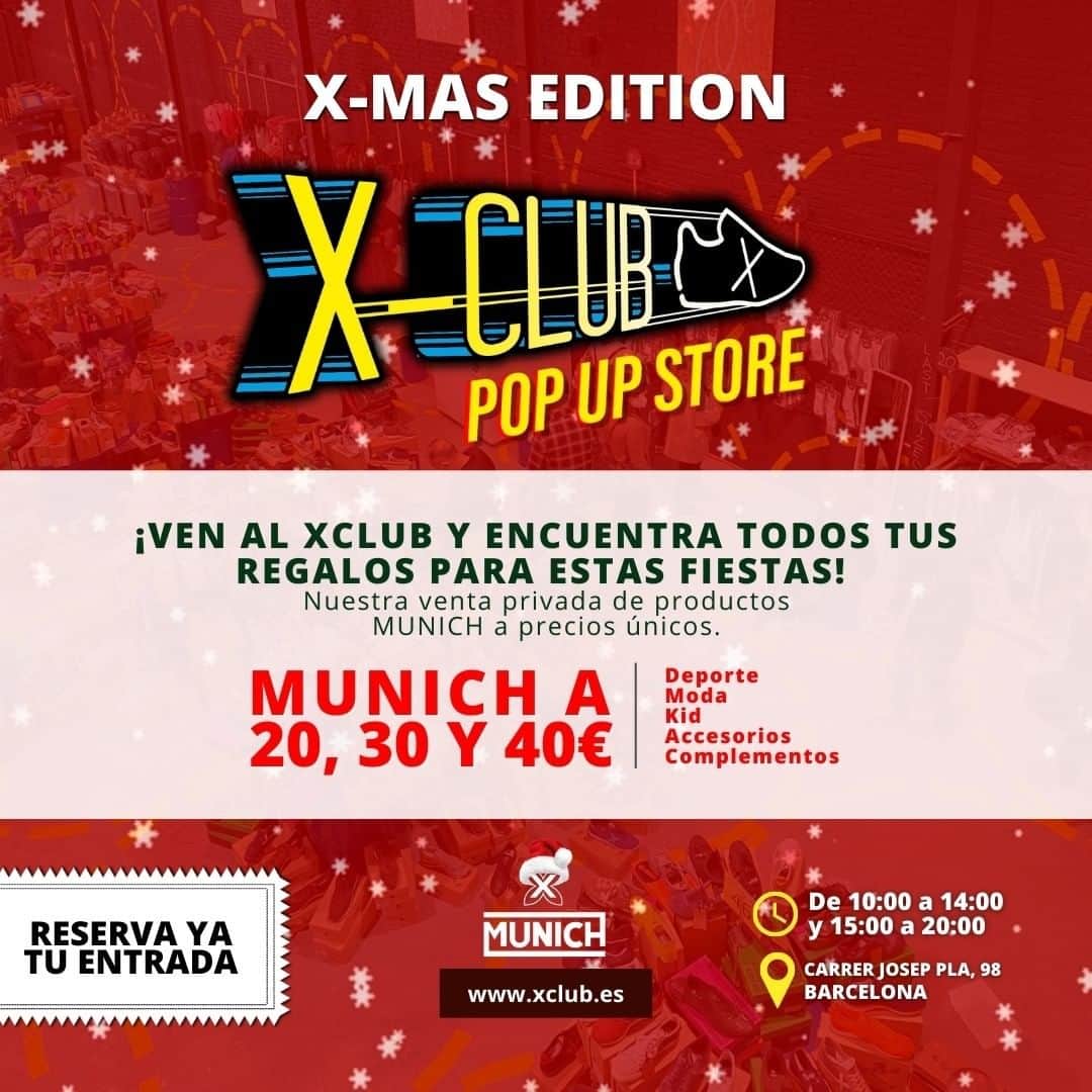 ミュニックのインスタグラム：「⌛️¡ÚLTIMA OPORTUNIDAD! 💥 𝗦𝗧𝗢𝗖𝗞 𝗡𝗨𝗘𝗩𝗢 𝗖𝗔𝗗𝗔 𝗗𝗜𝗔 ¡Ven a nuestro evento privado X-CLUB la semana que viene!   🎁 MUNICH A 20, 30 y 40€  ¡Consigue todos tus regalos para estas fiestas! Deporte, Moda, Kid, Accesorios y Complementos. ¡Tenemos de todo!   ¡Apúntate ya! 👉 http://xclub.es  #XCLUB #eventos #barcelona #munichsports」