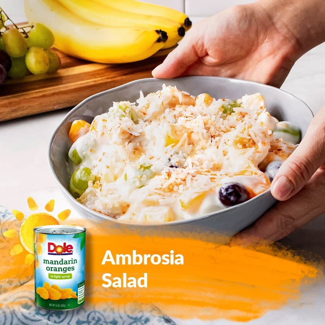 Dole Packaged Foods（ドール）のインスタグラム：「A lightened-up version of a classic Ambrosia Salad is the perfect way to celebrate National Ambrosia Day!   INGREDIENTS: 1 can (20 oz.) DOLE® Pineapple Chunks in 100% Pineapple Juice 1 can (11 oz. or 15 oz.) DOLE® Mandarin Oranges, drained 1 DOLE Banana(s), sliced 1-1/2 cups seedless grapes 1/2 cup marshmallows, miniature 1 cup vanilla lowfat yogurt 1/4 cup flaked coconut, toasted  DIRECTIONS: 1) Combine pineapple chunks, mandarin oranges, banana, grapes and marshmallows in medium bowl. 2) Stir yogurt into fruit mixture. Sprinkle with coconut.」