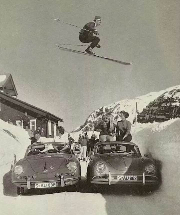 のインスタグラム：「Egon Zimmermann jumps a Porsche in 1956. Photography by Hans Truöl. #OPinspiration ⁠ ⁠」