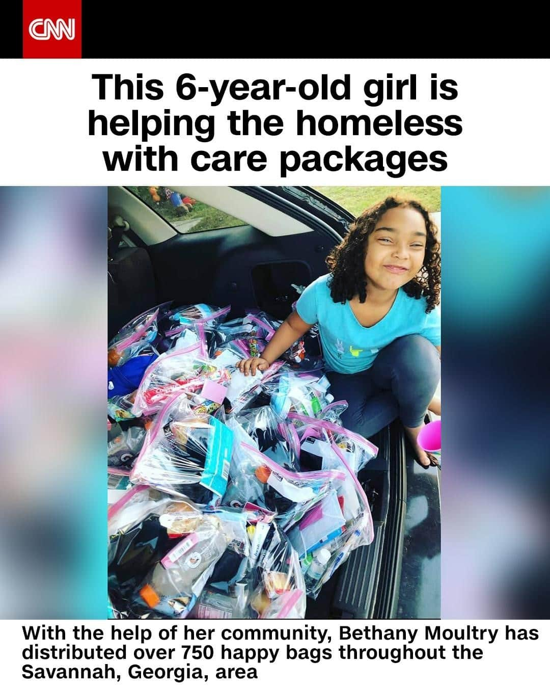 CNNさんのインスタグラム写真 - (CNNInstagram)「Six-year-old Bethany Moultry and her mother partnered with homeless shelters in her Georgia community to distribute "Bethany's Happy Bags for the Homeless," zip-lock bags with essential items homeless people need such as beef sticks, first aid, toiletries, masks, Gatorade and more. Bethany has relied on donations from strangers on the internet as well as students from her brother's school to pack and distribute over 750 happy bags throughout the Savannah area. "It is about seeing the amount of people she (Bethany) has touched whether she realizes it or not," Bethany’s mother said. "Bethany is the little happy bag spark that has created little sparks and fires other places, inspiring people all over the country to help people in their communities as well." (📸: Colleen Moultry)⁠」12月13日 4時01分 - cnn