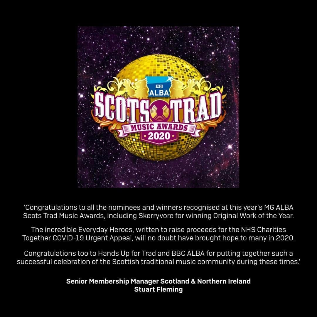 PRS for Musicのインスタグラム：「Congratulations to tonight's #natrads winners including @skerryvore 👏   Congratulations @handsupfortrad and @bbc.alba for a fantastic celebration of Scottish traditional music.」