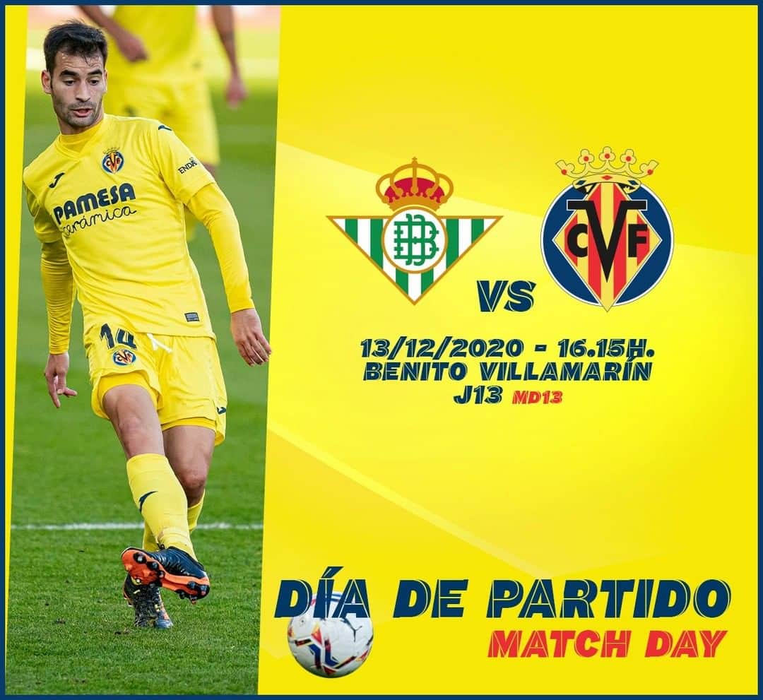 ビジャレアルCFのインスタグラム：「¡Partidazo en Sevilla para el Submarino! ¡Vaaaamooos 💪! . 🆚 @realbetisbalompie ⌚ 16.15h 🏟 Estadio Benito Villamarín 🗓️ Jornada 13 🏆 @laliga 📺 @movistarplus 📱 #realbetisvillarreal  .  What a game in Seville for the Yellows. Vaaaamooos 💪! . 🆚 @realbetisbalompie ⌚ 4:15 CET 🏟 Benito Villamarín Stadium 🗓️ Matchday 13 🏆 @laliga 📱 #realbetisvillarreal   #Villarreal #futbol #football #soccer #laliga」