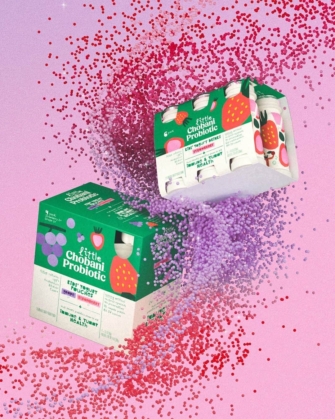 Chobaniのインスタグラム：「Billions of tiny wonders, big tummy benefits. New Little Chobani Probiotic is made especially for kids’, with billions of probiotics to support their unique immune and tummy health. Mess-free pouches and drinks in kid-friendly flavors, made with only natural ingredients. Which one will be their favorite? Tell us in the comments 🍇 🍌🍓」