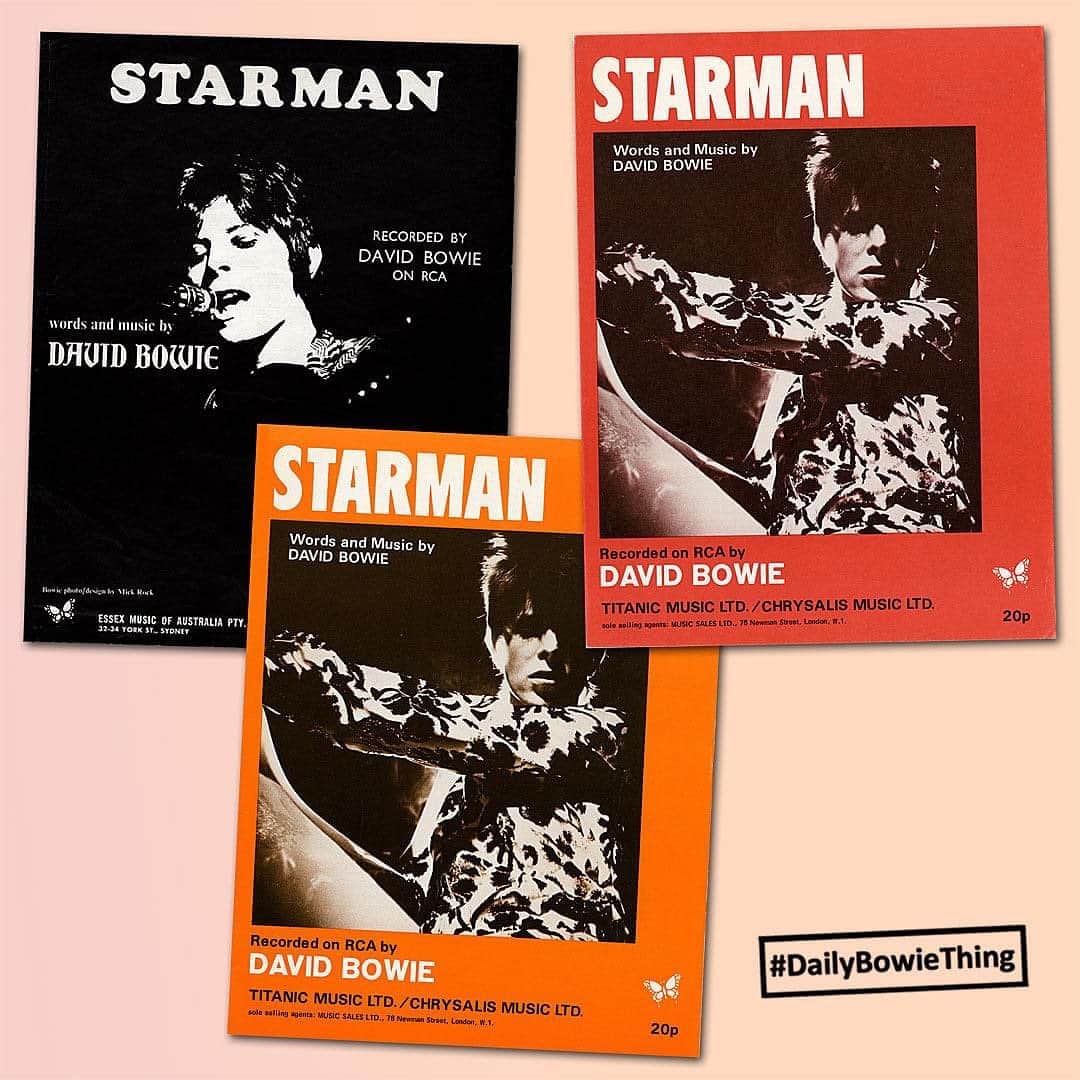 デヴィッド・ボウイさんのインスタグラム写真 - (デヴィッド・ボウイInstagram)「DAILY BOWIE THING – Day 43  “If we can sparkle he may land tonight…” *  As you can see, today is #BowieSheetMusicSunday. The red and orange examples were published in the UK, while the black one was produced for Australia.  Released on Friday 28th April 1972, The Bowie/Ken Scott-produced Starman 45 eventually reached #10 on the UK singles chart on the weekend of 29th July. As with Space Oddity in 1969, Starman was a slow burner but appearances on Lift Off and Top Of The Pops secured the single’s success, not to mention Bowie’s future as a globe-straddling superstar.   As the record started a similarly slow descent from the chart, it was overtaken by Mott The Hoople’s Bowie-penned All The Young Dudes on its way to #3, their biggest hit in the UK.   Sheet music was a big deal back then, with its own separate chart. Mott’s All The Young Dudes sheet music in the UK had a very similar design to the Australian Starman sheet music.   @therealmickrock, a man whose words and images were very important in the early development of Bowie’s publicity machine, photographed and designed the Australian Starman and the UK All The Young Dudes sheets.  A few of the early Bowie single sheet music examples were printed in two or three different colours, it’s unclear if this was a marketing ploy, but considering how important sheet music sales were, it probably was.  The image on the UK sheets was taken by Brian Ward and similar shots from the same session were used for variations of the Starman sleeve and advertising campaigns around the globe.   #DailyBowieThing  #BowieSheetMusicSunday  #BowieStarman」12月14日 3時31分 - davidbowie