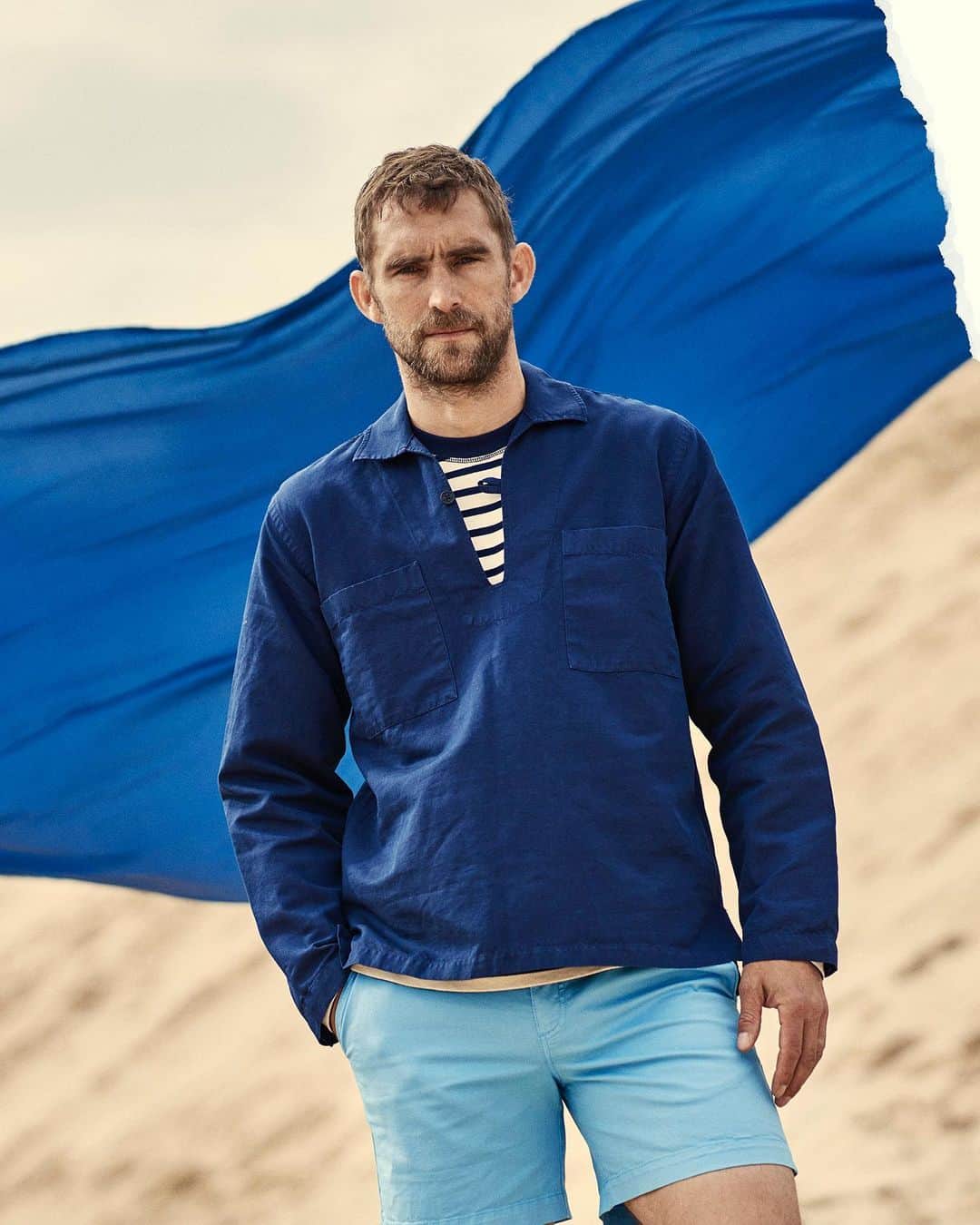 オールバーブラウンのインスタグラム：「Wherever you plan to visit in the new year, top-up your suitcase with swim shorts, beach layers & a new tee or two. This season's assortment is a blend of washed-out stripes, laidback garment dye fabrics, & classic navy & white hues. Tap to shop or explore more via the link in bio. ⤴️ #OrlebarBrown #OBsAroundTheWorld」