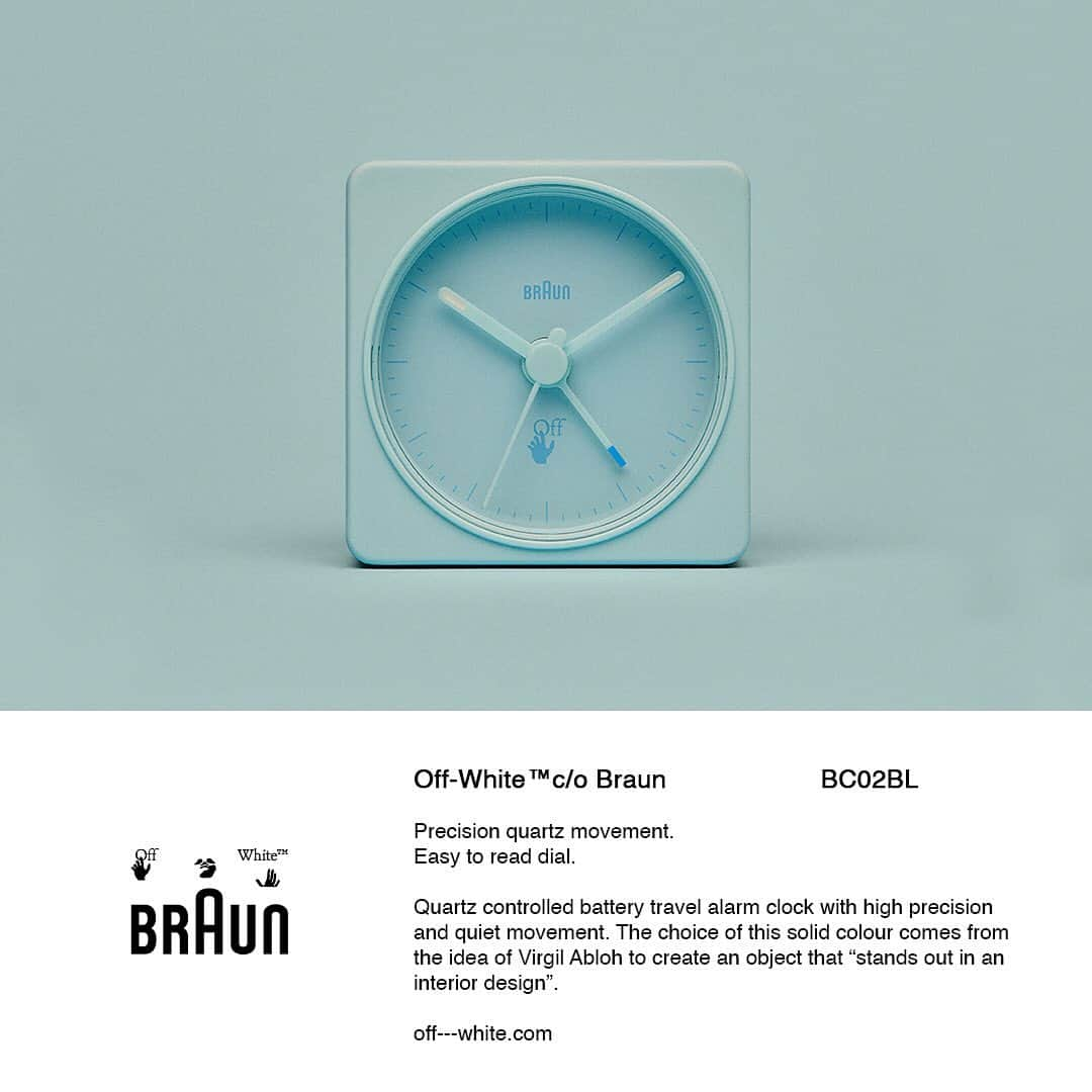 OFF-WHITE C/O VIRGIL ABLOHさんのインスタグラム写真 - (OFF-WHITE C/O VIRGIL ABLOHInstagram)「[collab] Off-White™ c/o Braun "BC02BL" clock.   Braun @braunwatches expertise in the creation of high quality and extremely durable products is combined with the ultra- contemporary touch of the Off-White™ vision.  The choice of this solid colour comes from the idea of @virgilabloh to create an object that “stands out in an interior setting design”. The design of the BC02 is derived from the iconic AB1 clock designed in the late 80s by Dieter Rams and Dietrich Lubs. @braun_global   Now exclusively available at @off_____white_____miami @off___white___lasvegas @em___pty___gallery store.  set design c/o @julmunset  photography c/o @scotti.leonardo  campaign graphic c/o @marcj23」12月14日 4時04分 - off____white