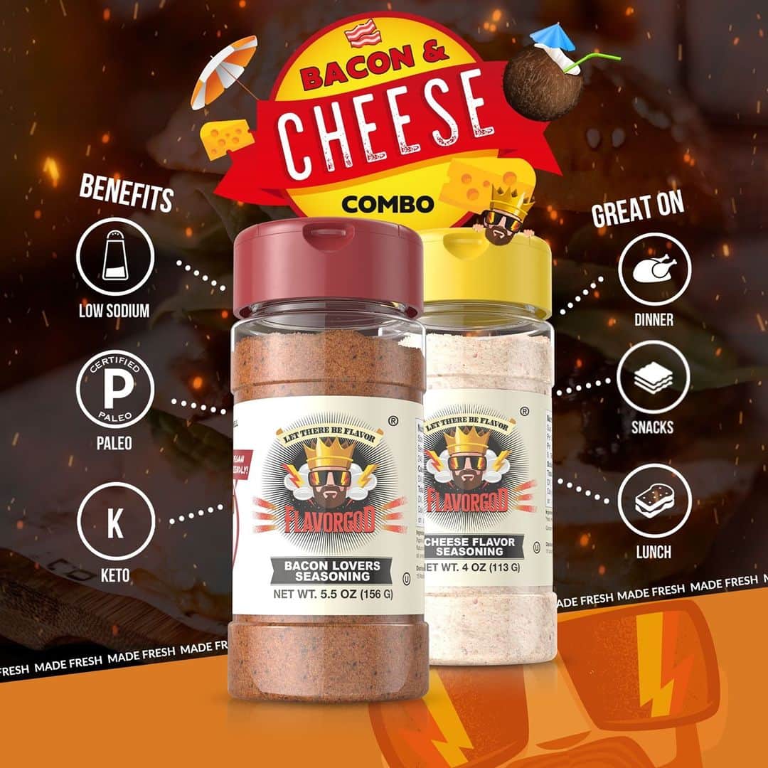 Flavorgod Seasoningsさんのインスタグラム写真 - (Flavorgod SeasoningsInstagram)「🥓Love Bacon & Cheese!? Try our Bacon + Cheese Combo Pack🧀⁠ -⁠ Click the link in my bio @flavorgod⁠ ✅www.flavorgod.com⁠ -⁠ Flavor God Seasonings are:⁠ 🥓ZERO CALORIES PER SERVING⁠ 🧀MADE FRESH⁠ 🥓MADE LOCALLY IN US⁠ 🧀FREE GIFTS AT CHECKOUT⁠ 🥓GLUTEN FREE⁠ 🧀#PALEO & #KETO FRIENDLY⁠」12月14日 4時01分 - flavorgod