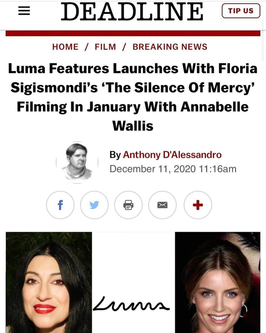 アナベル・ウォーリスのインスタグラム：「“The Silence Of Mercy”  Thank you for having me @floriasigismondi @lumafeatures I can’t wait! 🎥」