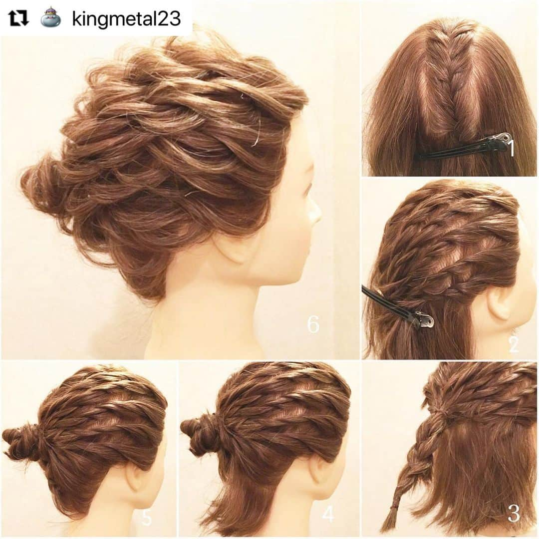 kingmetal23 ヘアアレンジさんのインスタグラム写真 - (kingmetal23 ヘアアレンジInstagram)「ボブアップ👍 bob  ①トップからフィッシュボーンで編み込みます。 ②はちうえからロープ編みの方編みを順にしていきます。左も同様。 ③くくってから三つ編みをしてくくります。 ④三つ編みを巻いてピンでとめてから残りの毛ロープ編みをしてシニヨンに巻きつけていきます。 ⑤全部あげたらベースが完成です。 ⑥崩して完成です。  #ヘアアレンジ#美容師 #美容院#神戸#美容室#ロカリ#兵庫#三宮#元町#トアウエスト#栄町#姫路#垂水#三田#西宮#神戸美容室#アントテン#antten#簡単アレンジ#ヘアアレンジ解説 #ヘアアレンジ動画 #簡単ヘアアレンジ #アレンジ動画 #アレンジ解説 #ロカリヘア#おうち時間」12月13日 21時07分 - kingmetal23