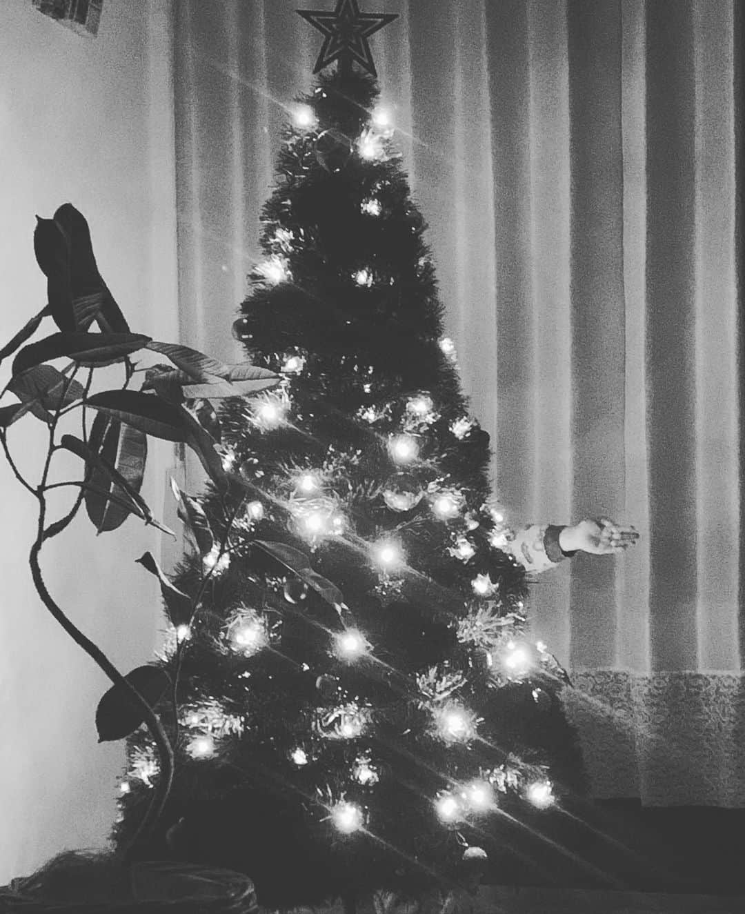 玉城ちはるのインスタグラム：「せっかくクリスマスツリーを作ったのに 私が写真を撮ろうとすると、  心霊写真を撮りたいと言って変なポーズをそして、  「おわかり頂けただろうか？」 「もう一度ご覧いただこう」  というセリフを繰り返す息子　笑笑」