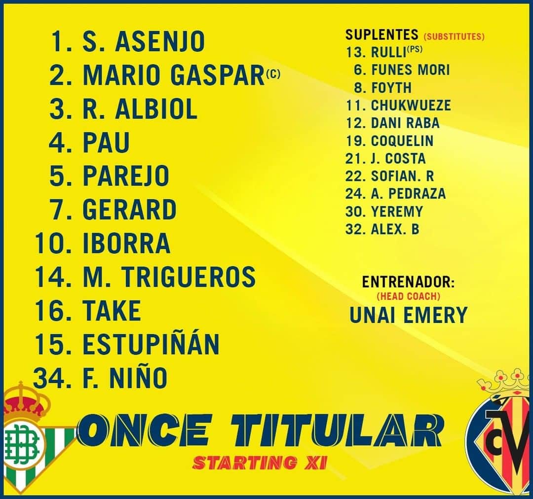 ビジャレアルCFのインスタグラム：「¡Y aquí están los once groguets que se medirán desde el inicio al @realbetisbalompie en el Villamarín! . ¡Vaaaaamoooooos, Submarino 💪💪💪! . Here are the 11 Yellows to start against @realbetisbalompie at the Villamarín! . Let’s go, Submarine 💪💪💪! . #Villarreal #futbol #football #soccer #laliga」