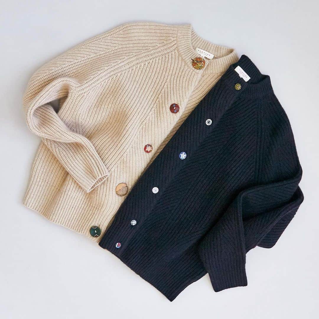 のインスタグラム：「Our One-Of-A-Kind cardigans made just for you (or that special someone) 🤍 Shop now • link in bio #oneofakind #cashmere #cardigans #vintage #buttons #rhinestones #pearlescent #neutrals #novelty #wood #nostalgic #duck #bunny #horse #fish #red #navy #gold #shell #metal #moonandstars #flora #squares #blackglass」