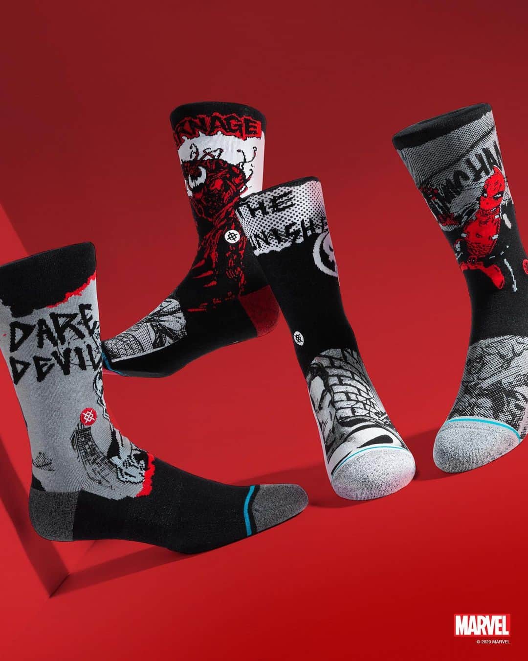 Stanceのインスタグラム：「Vengeance Delivered...  Because not all heroes wear capes, our latest collection drills in on the darker side of @marvel with the likes of Punisher, Deadpool, and Daredevil. Grit and grime personified, these styles are designed in striking monochromatic black and white, with hits of red, to pay homage to these iconic anti-heroes... Link in bio」