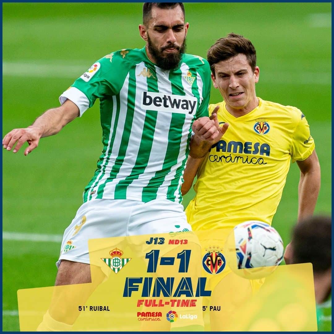ビジャレアルCFのインスタグラム：「FINAL en el Villamarín (1-1). El Submarino se sobrepone a las lesiones y suma un buen punto ante el @realbetisbalompie con gol de @pauttorres. . FULL-TIME at the Villamarín (1-1). The Submarine are affected by injuries and get a good draw against @realbetisbalompie with a @pauttorres goal.  . #Villarreal #futbol #football #soccer #laliga」