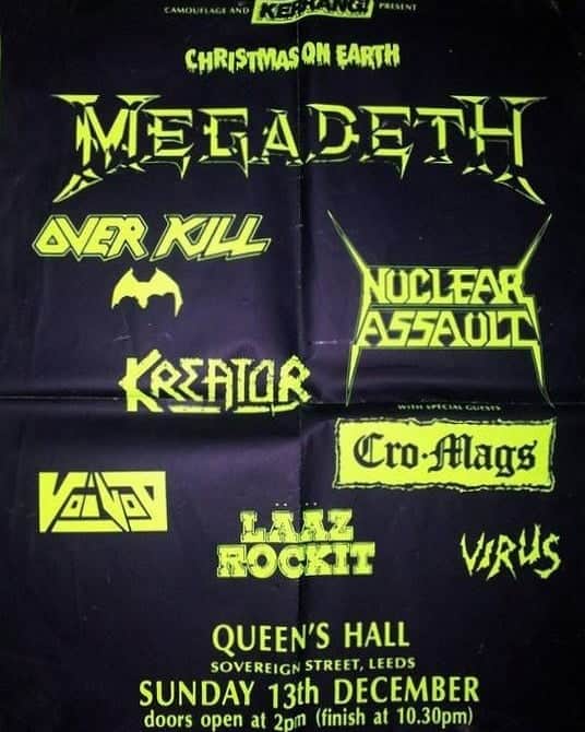 Megadethのインスタグラム：「December 13, 1987 - Megadeth headlines Christmas on Earth at Queen's Hall in Leeds, England. Also, it was the day we filmed the "Anarchy in the UK" live video footage... just a few weeks before the album "So Far, So Good... So What!" was released.  Setlist: Wake Up Dead Looking Down the Cross Mary Jane Bad Omen Devil's Island Peace Sells These Boots In My Darkest Hour Hook in Mouth My Last Words Good Mourning/Black Friday The Conjuring Mechanix Anarchy in the U.K.」