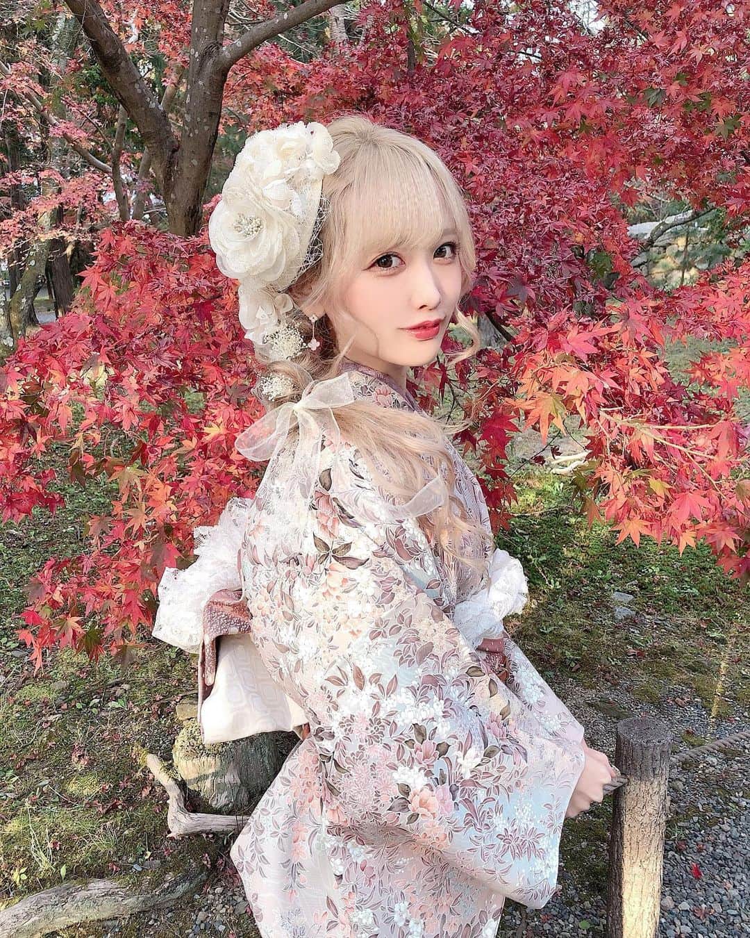 のインスタグラム：「今年は紅葉を楽しめました🍁  京都でレトロ着物が着れる @okimonoya 🤍🤍  . . #着物 #着物レンタル #着物ヘア#京都着物 #京都着物レンタル #kyoto#観光#ヘアアレンジ#旅行#여해스타그램 #女子旅#trip #旅#京都旅行 #follow#followme#いいね#l4l#좋아요반사 #좋아요 #フォロー #レトロ着物#秋コーデ #秋#okimonoya」