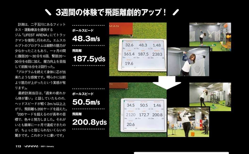 紺野ゆりのインスタグラム：「⛳️ 以前インスタで投稿していた、 『エムスカルプトで飛距離アップ❗️』企画少し前になりますが終わりました〜☆  施術前は、 トラックマンで ボールスピード　48.3m/s 飛距離187.5yds  ⬇︎ ⬇︎ ⬇︎  ボールスピード　50.5m/s 飛距離200.8yds  でした☺️ たった3週間で、こんなに変わるなんて嬉しすぎる✨ 身体のラインも変わるのでおすすめです☺️！  #yurigolf🦋 #エムスカルプト#飛距離アップ#飛距離#ゴルフ#ゴルフスイング#ゴルフ女子#ゴルフ好きな人と繋がりたい#golf#golfswing#クリニックf」