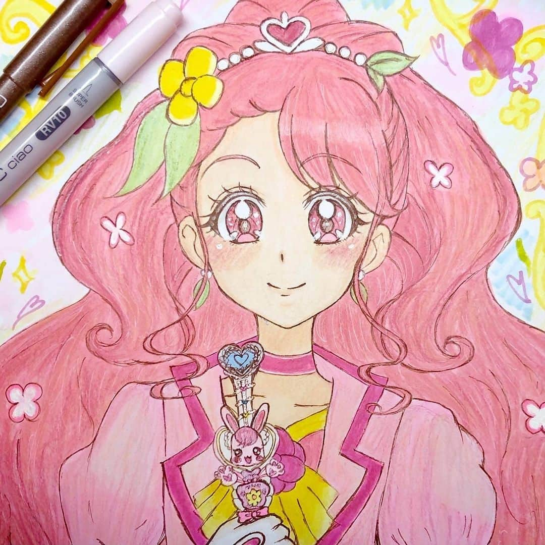 歌倉千登星のインスタグラム：「✳✳✳  落書き。 キュアグレース。  歴代のピンクプリキュアの中でも特に好きな子の1人だったりします。  相変わらずイラストが上手くならないけど、10年後くらいには少しは上手くなってて欲しいよね…（笑）  #イラスト #アナログイラスト #プリキュア #ヒーリングっどプリキュア #キュアグレース #花寺のどか #落書き #書いてればきっと上手くなる #手元とか全身苦手 #今後に期待」