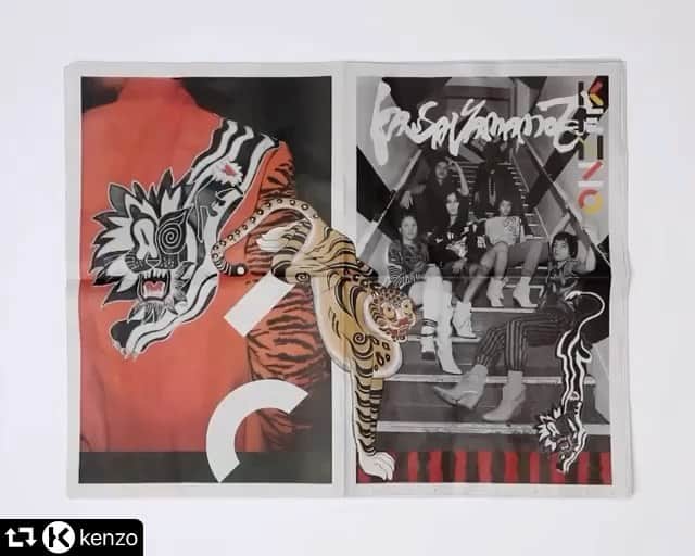 山本寛斎のインスタグラム：「#repost @kenzo ・・・  #KENZOxKANSAIYAMAMOTO Fusing Kenzo Takada's joyful celebration of nature, with @Kansai_Yamamoto_official's animalia obsession, the collection by @felipeoliveirabaptista pays tribute to both icons - offering punk-inspired pieces, adorned with feline artworks by Kansai Yamamoto. Available now via link in bio and in all #KENZO stores globally. #KENZOFOB #KENZOSS21」