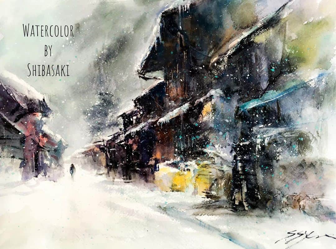 柴崎春通のインスタグラム：「Snowstorm / Japanese Old Town   水彩画  #shiba_watercolor #watercolor #watercolorpainting #painting #drawing #townscape #snow #japan #youtuber #水彩 #水彩画 #吹雪」