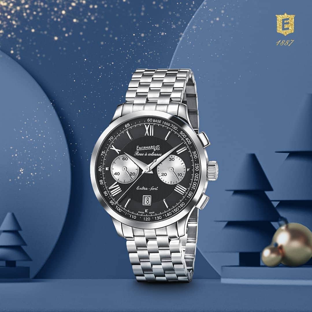 のインスタグラム：「Extra-fort Grande Taille Roue á Colonnes is available in different dial versions, with alligator strap or steel bracelet. Discover the collection on our website. Link in bio. #extrafort #columnwheelchronograph #elegance #enjoyyourchristmas #eberhard1887 #eberhardwatches #eberhard_co #eberhard_1887 #xmastime #christmasiscoming #chronograph」