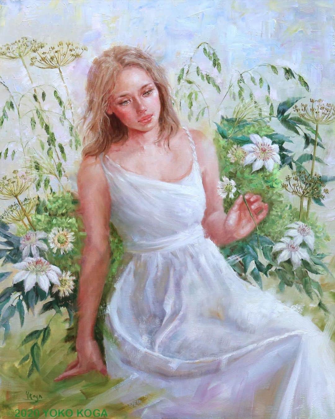 古賀陽子のインスタグラム：「“Surrounded by Grass Flowers -Clematises and Scabiosas”  2020, oil on canvas, 910x727mm "グリーンに囲まれて ークレマチスとスカビオサー”  F30号 ・ ———————————————————————  #アート #アーティスト #アートワーク  #アートコレクター #画家 #美術館 #作品 #絵画展 #アートのある暮らし #絵のある暮らし #アート好きな人と繋がりたい #ギャラリー #油絵 #人物画 #美人画 #神戸 #color #beautiful #nymph #exhibit #artistsoninstagram #oiloncanvas #art #artwork #gallery #artist #painting #exhibition #古賀陽子 #yokokog」