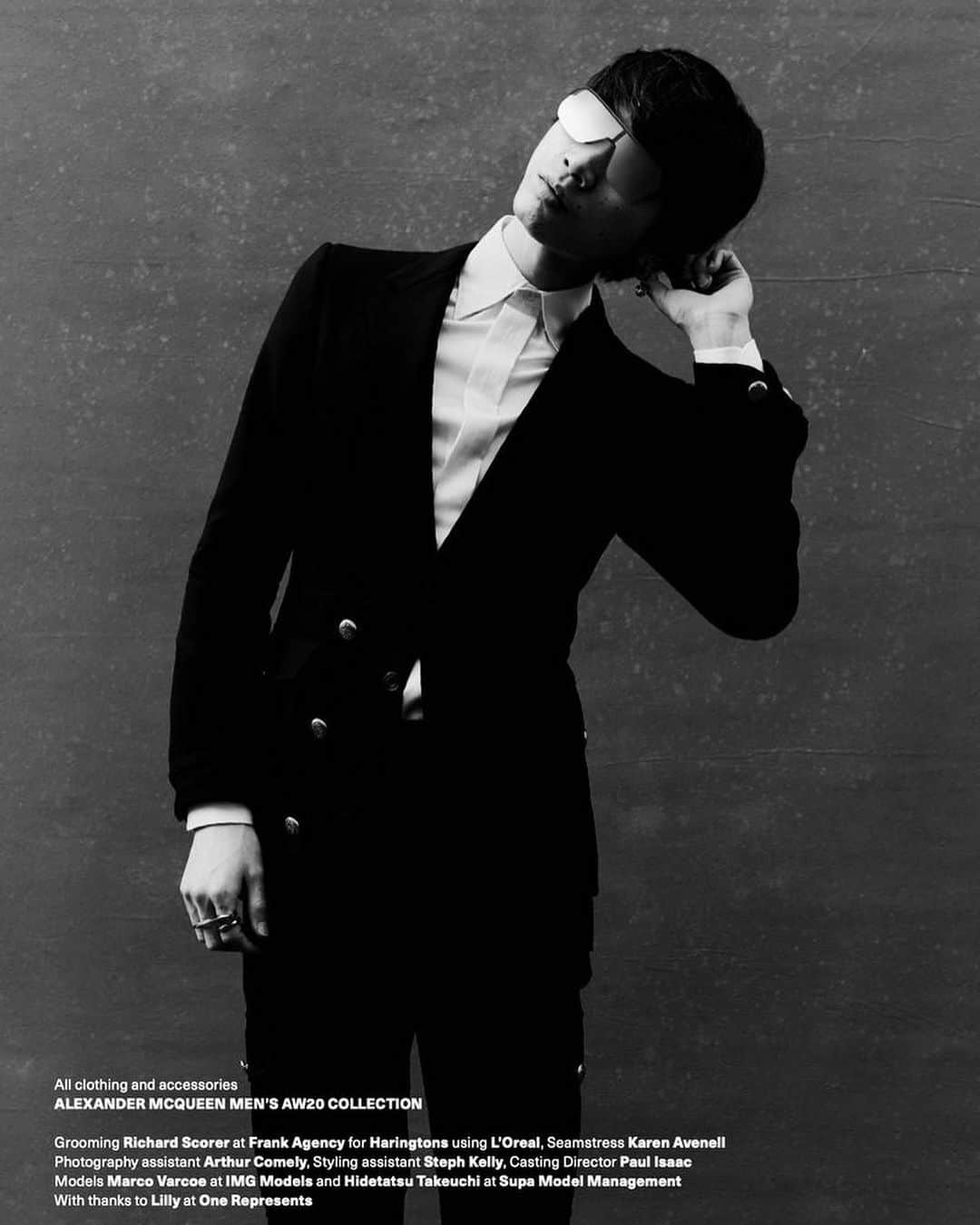 武内秀龍のインスタグラム：「@theglassmagazine X @alexandermcqueen ❤️  Thank you amazing team and great day with✨ Photo @danieljbenson  Styling @stephwilsonstylist  Grooming @richardscorer  Set @torsbeedles  Casting @paulisaac  Tailoring @karen.avenell  Seamstress - @karen.avenell  Senior fashion assistant @steph_kelly_stylist  Photographic assistant - @arthurjcomely  Production - @lilly.savill @onerepresents   @supamodelmanagement  #editorial」